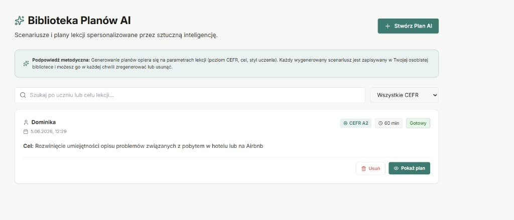 Biblioteka planów lekcji AI dla korepetytora angielskiego
