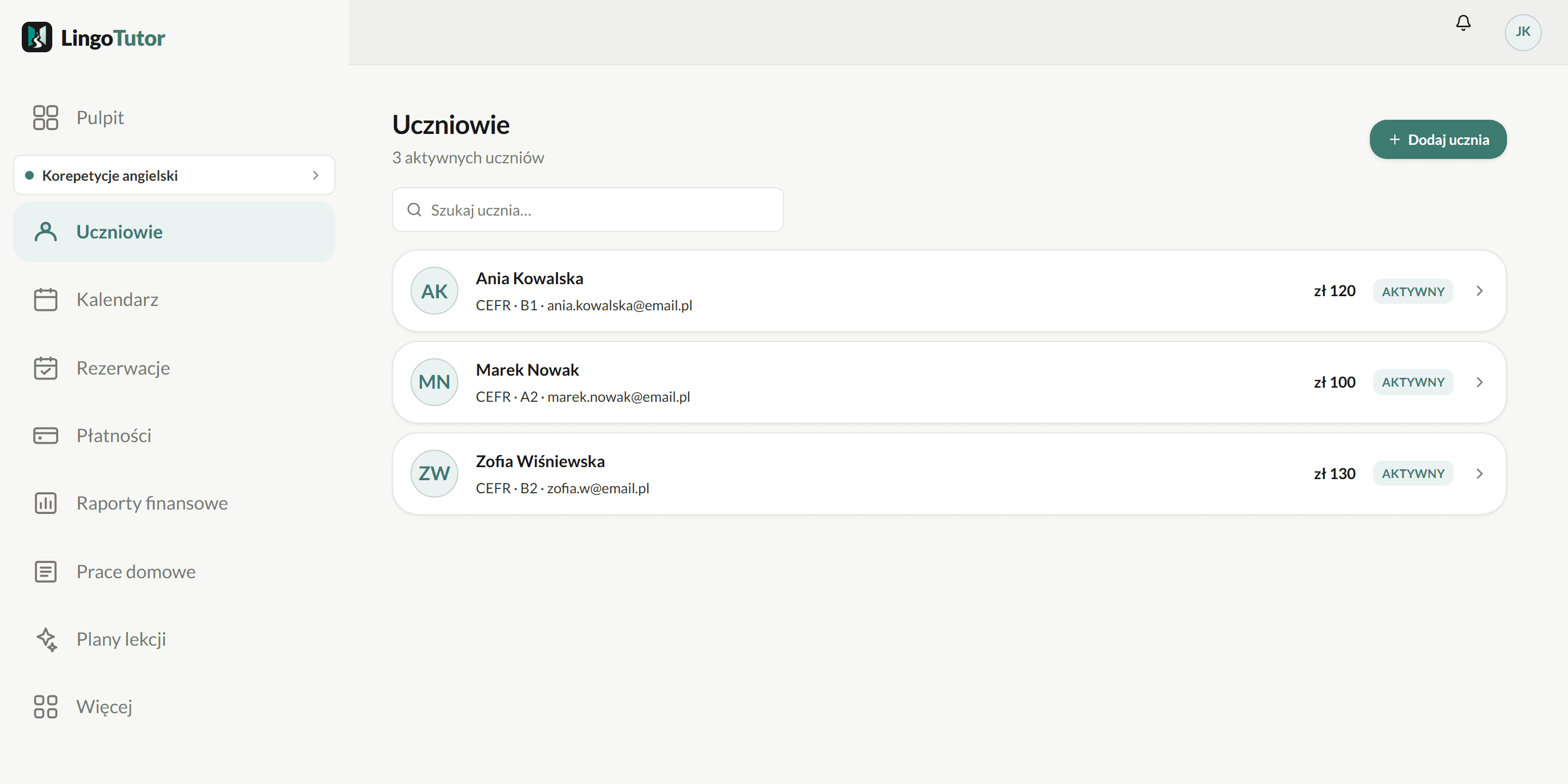 Lista uczniów w LingoTutor
